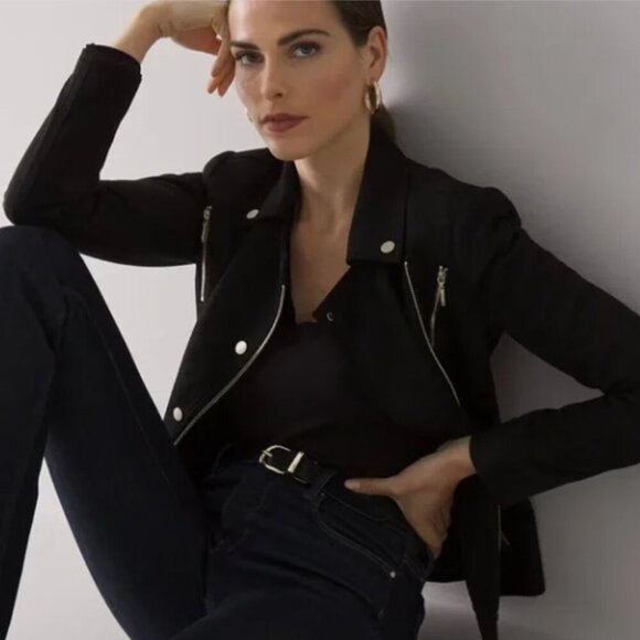 WHBM Faux Suede Vegan Moto Jacket Black with Gold Tone Zippers and Snaps Size 2 - Picture 2 of 16